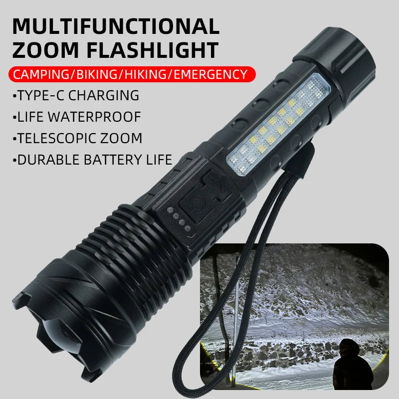 30W P50 COB Strong Light Flashlight Portable Rechargeable Bright Household LED Lamp Built in Battery with Power Display